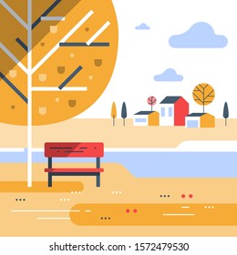 Autumn park scene, small bench at river bank, sunny day, beautiful view, group of residential houses in background, nice neighborhood, vector flat design illustration