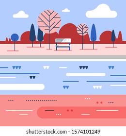 Autumn park scene, small bench at river, romantic place, beautiful view, vector flat design illustration