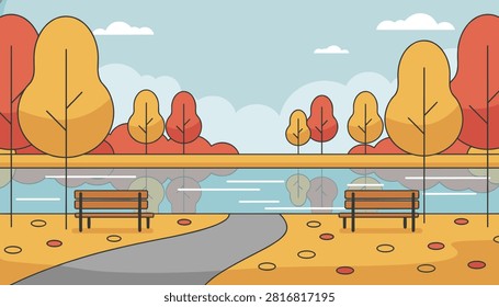 Autumn park scenery features empty wooden benches beside a calm lake reflecting colorful yellow and orange trees under a blue sky.