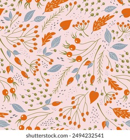 Autumn park seamless pattern. Abstract plant background with falling leaves, berries and tree branches. Doodle style vector illustration of fairy forest.