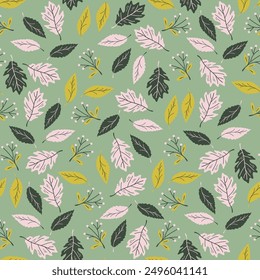 Autumn park seamless pattern on sage green backdrop. Fall background with leaves and branches. Foliage ornament for wallpaper, wrapping paper, textile, web page, greeting cards. Vector illustration.
