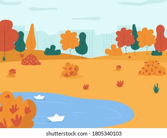 Autumn park semi flat vector illustration. City garden with rain puddles for children to play. Town center with trees and leaf piles. Fall seasonal 2D cartoon landscape for commercial use