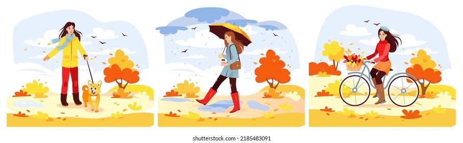 Autumn Park. A set of young girls walking in the park in autumn. The girl drinks coffee, walks the dog, rides a bike. Cartoon vector illustration
