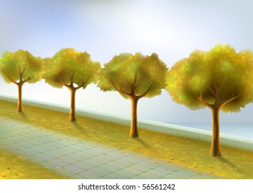 Autumn park with several neatly trimmed trees and a stone pavement (AI-optimized EPS 8 file, each tree is fully drawn, other landscapes are in my gallery)