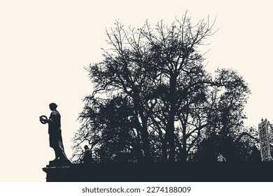 Silhouette del parque de Otoño con esculturas y un gran roble antiguo. ilustración vectorial