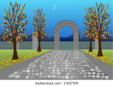 Autumn park with stone alley and arc