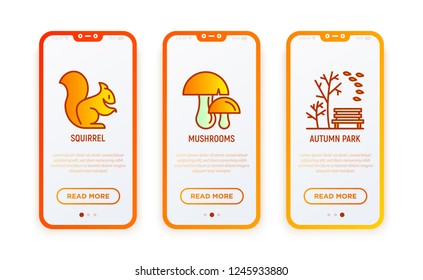 Autumn park thin line icon set: squirrel, mushrooms, bench, falling leaves. Modern vector illustration.