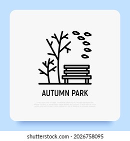 Autumn park thin line icon, bench, trees and leaves falling. Vector illustration. 