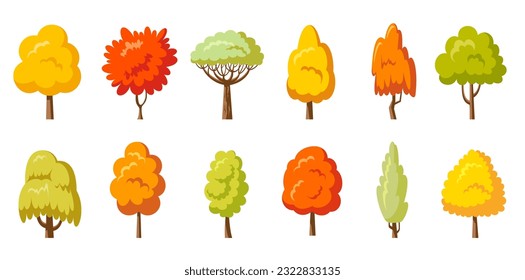 Juego de árboles del parque otoñal. Vista lateral de las plantas amarillas. Arboretum sauow de roble pájaro. Dibujo de diferentes árboles naranjas. Jardín botánico natural de arce de arce alder ash linden acacia castaño elmo