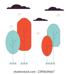 Autumn park trees 2D linear cartoon object. Nature fall season, clouds above. September landscape isolated line vector element white background. Countryside environment color flat spot illustration