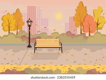 Autumn park with trees , bench and lantern. Autumn city park flat illustration. Fall street outdoor panoramic view. Cartoon autumn park. Yellow treesCity autumnal fall garden park landscape wallpaper 