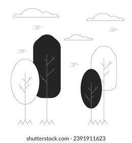 Autumn park trees black and white 2D line cartoon object. Nature fall, clouds above. September landscape isolated vector outline item. Countryside environment monochromatic flat spot illustration