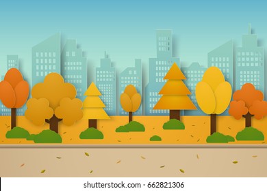 Autumn park with trees and building , paper art style