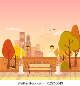 Autumn park with trees and lanterns, bench and birds, as well as cityscape with skyscrapers on vector illustration, fall background