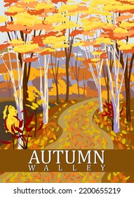 Autumn park valley, forest trail, walkway, trees yellow foliage. Poster fall seasone