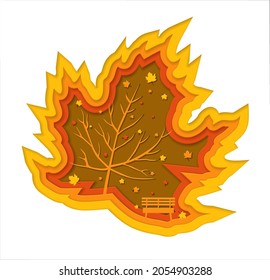 Autumn in a park. Vector illustration with multi layered shapes in paper cut style. The effect of 3D in papercraft art.