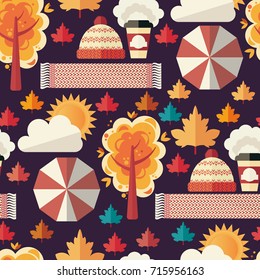 Autumn in the park. Vector pattern depicting bright and colorful autumn. Flat illustration.
