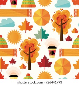 Autumn in the park. Vector pattern depicting bright and colorful autumn. Flat illustration.