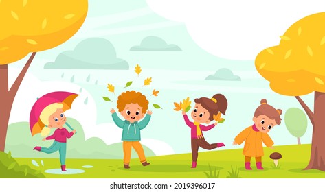 Autumn park walking. Happy kids play outdoor with falling leaves, little boys and girls with umbrellas jump through puddles and collect mushrooms, year season activities vector cartoon concept