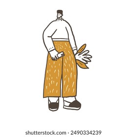 Autumn park walking person. Character with fall red leaves. Vector hand drawn doodle illustration isolated on white background.