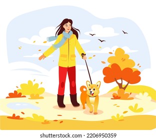 Autumn Park. A woman walks her dog in the park in autumn. Cartoon vector illustration
