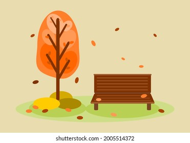 Autumn park with wood bench and orange tree leaves are falling on green grass lawn field flat vector.