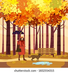 Autumn Park Young woman walks with dog, yellow orange red foliage trees, walkway bench. Fall mood outdoor cityscape. Vector isolated illustration isolated