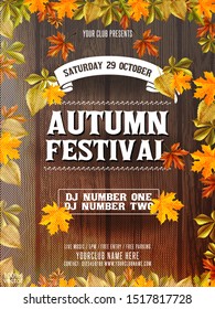 Autumn Party Flyer with a grunge backdrop of an abstract wooden background with autumn maple, aspen and rowan leaves and lettering. Vector Autumn Fall Festival Design for Invitation or Poster. Eps 10