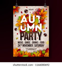 Autumn Party Flyer Illustration With Falling Leaves And Typography Design On Doodle Pattern Background. Vector Autumnal Fall Festival Design For Invitation Or Holiday Celebration Poster.