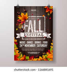 Autumn Party Flyer Illustration with falling leaves and typography design on vintage wood background. Vector Autumnal Fall Festival Design for Invitation or Holiday Celebration Poster.