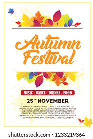 Autumn Party Flyer Illustration with falling leaves and typography design on vintage wood barrel. Vector Autumnal Fall Festival Design background for Invitation or Holiday Celebration