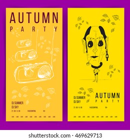 Autumn party invitation. Rectangle. Doodle elements. Yellow background. Vector illustration. Hipster style