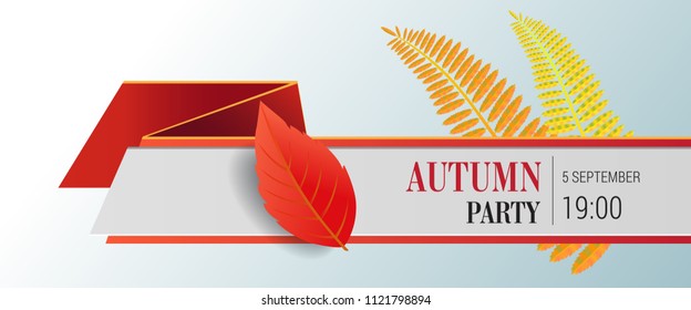 Autumn party lettering and bright leaves. Autumn offer or sale advertising design. Typed text, calligraphy. For leaflets, brochures, invitations, posters or banners.