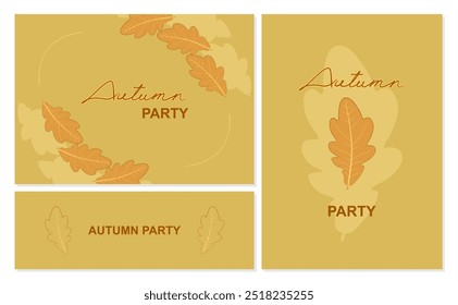 Autumn party. Postcards with leaves. Autumn mood. Vector. Postcards with oak leaves.