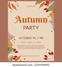 Autumn Party poster template design. Frame with different leaves and berries on a twig, copy space. Event invitation for club