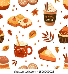 Autumn pastry and drinks flat seamless pattern. Pumpkin spice latte and cupcakes vector texture. Cappuccino, cinnamon buns and leaves backdrop. Wrapping paper, wallpaper, textile design