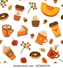 Autumn pastry and drinks flat seamless pattern. Pumpkin spice latte and cupcakes vector wallpaper.