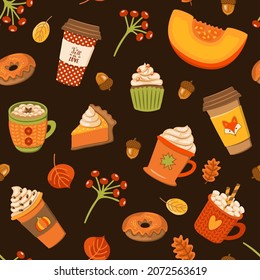 Autumn pastry and drinks flat seamless pattern. Pumpkin spice latte and cupcakes vector wallpaper.