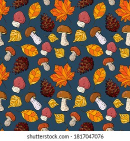 Autumn patern - colorful foliage, porcini mushrooms, chanterelles. Endless textures for your design.	
