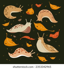 Autumn patern: cute slugs and leaves. Vector illustration.
