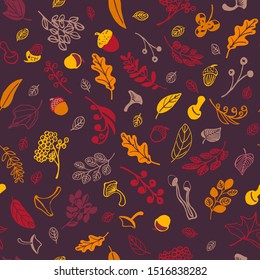 Autumn patern.Vector illustration of a seamless pattern of yellow, orange leaves, acorns, autumn composition. Autumn card, patern for fabric and decoration of clothes.EPS10