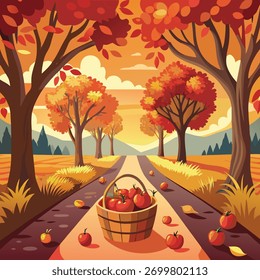 Camino de otoño con cesta de manzanas y montañas lejanas