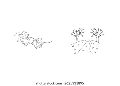 Autumn Path And Maple Leaves Minimalist Black And White Line Art Illustration