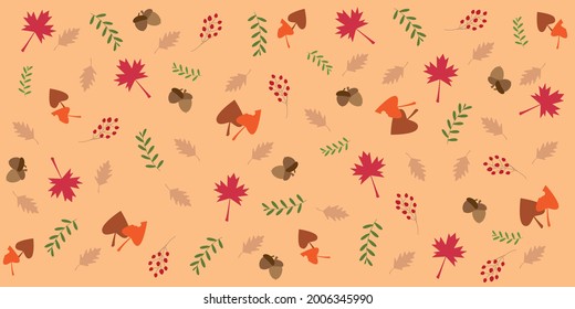 Autumn patter illustration. Colorful autumn leaves and fruits decoration on yellow background. Vector illustration.