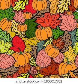 Autumn Patter With Yellow Pumpkin, Red Rowan Leaves, Yellow Oak Leaves. Bright Colored Pattern For Cover, Endpaper Of Book, Magazine.