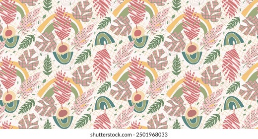 Autumn pattern with abstract leaves with different textures, stripes, dots, zigzags. Free hand drawing. Pastel pink, brown, green colors. For decorating paper, patterns, postcards