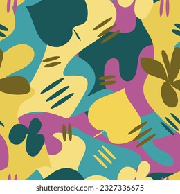 Autumn pattern with abstract shapes resembling a floral ornament. Yellow, blue, purple colors. for postcards, textiles, fashion