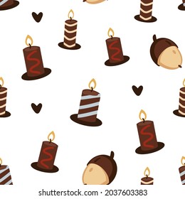 Autumn pattern with acornes, candles and hearts in flat style. Vector stock illustration