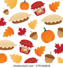 Herbstmuster mit Eichen, Apfelkuchen, Kürbissen, Konfitüren und Eichenblättern in Orange und Gelb. Verwenden Sie sie für Tapeten, Hintergrund, Geschenkpapier, Muster-Füllungen, Herbstgrußkarten, Symbole