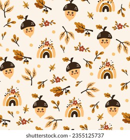 Autumn pattern with acorns, berries, rainbows and foliage. Acorn character. Creative background for fabric, textile, scrapbooking and prints. Vector illustrations for kids.
